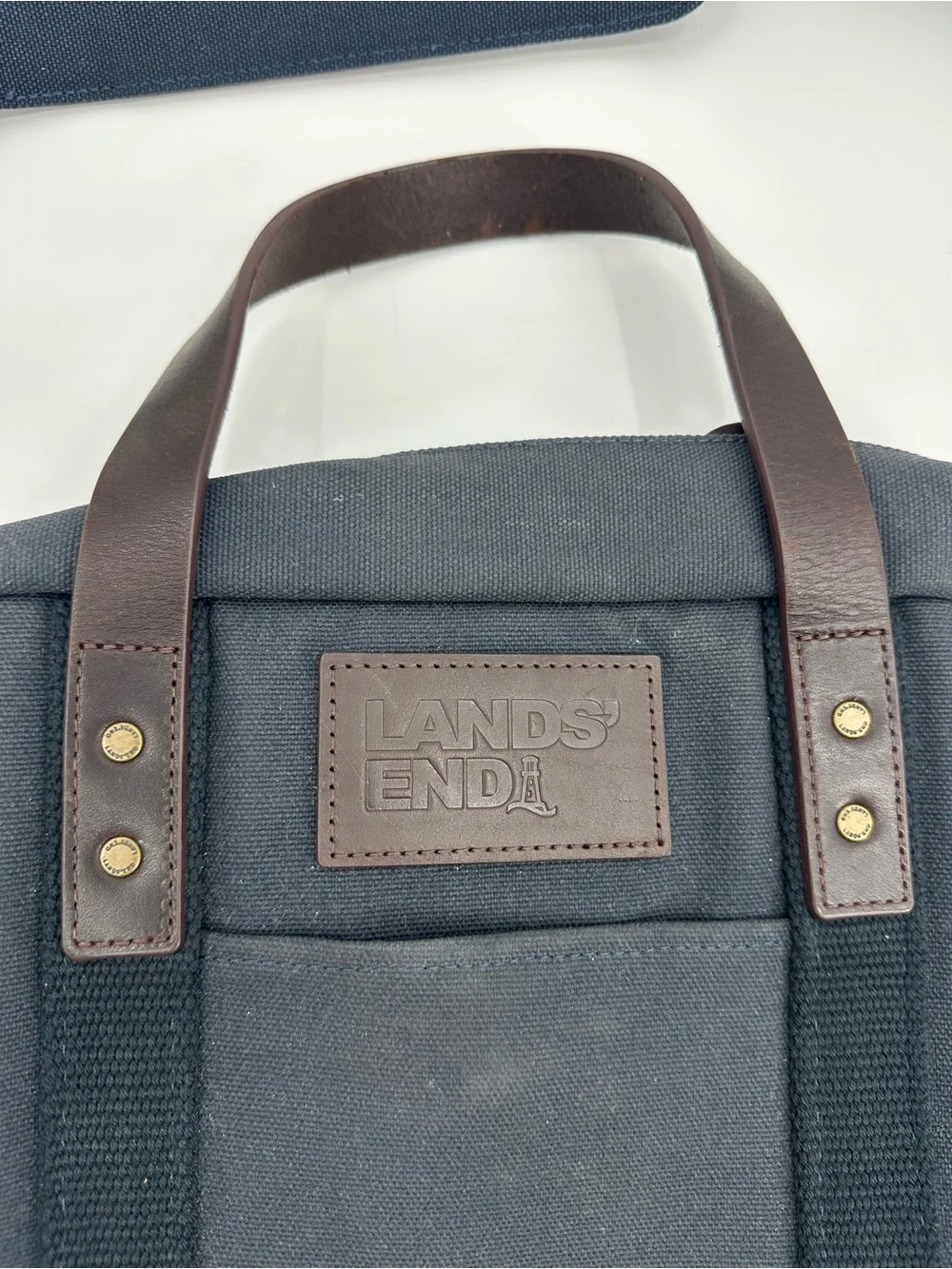 Lands' End Black Canvas Laptop Bag with Brown Leather Handles